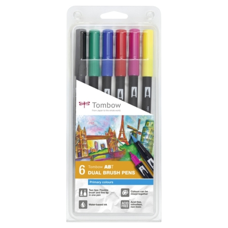 ESTUCHE DE 6 ROTULADORES TOMBOW DUAL BRUSH DOBLE PUNTA PINCEL COLORES PRIMARIOS