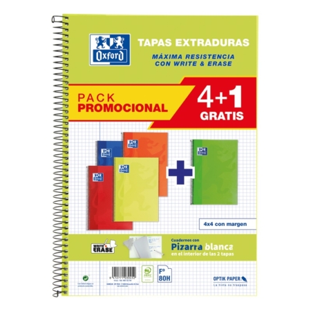 Pack de 4+1 blocs con espiral Oxford tapa extradura Write&Erase Fº cuadriculado 4x4 mm 80 hojas