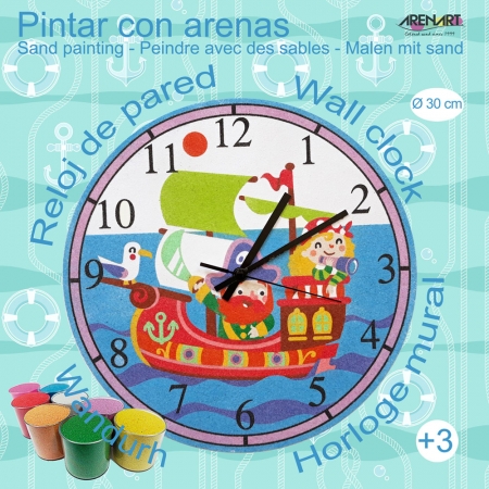 KIT RELOJ PINTADO CON ARENA 30CM PIRATAS