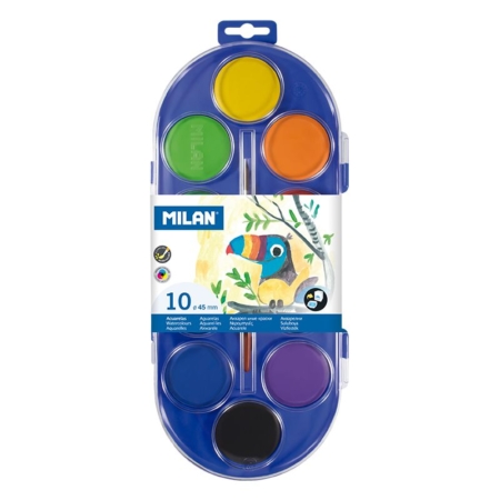 Estuche de 10 pastillas de acuarela Ø 45 mm con pincel Milan