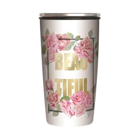 VASO TERMO DE BAMBÚ Y ACERO INOXIDABLE 420 ML BEAUTIFUL ROSES GOLD