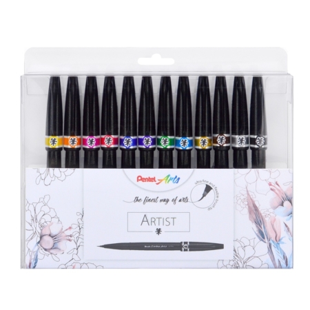 ESTUCHE CON 12 ROTULADORES CON PUNTA PINCEL PENTEL BRUSH SIGN PEN ARTIST