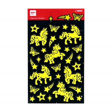Bolsa con 1 hoja de pegatinas luminiscentes Unicornios
