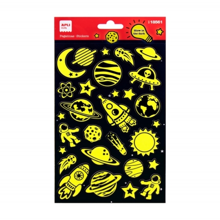 Bolsa con 1 hoja de pegatinas luminiscentes Espacio