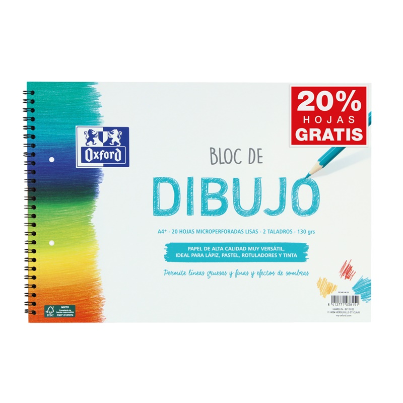 Bloc de dibujo oxford a4 20 hojas con taladros y sin recuadro 130 g -  Material de oficina, escolar y papelería