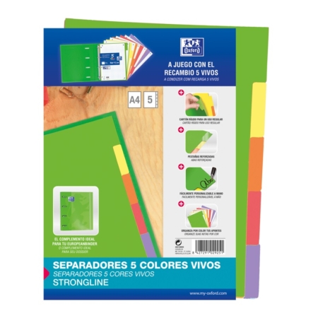 SEPARADORES CARTULINA STRONGLINE A4 5 POSICIONES 5 COLORES VIVOS