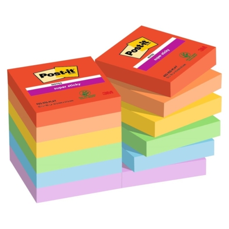 Paquete de 12 tacos de notas Post-It Super Sticky Playful 47,6 x 47,6 mm