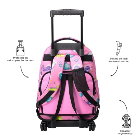Mochila escolar con ruedas Totto Renglones Gatos astronautas