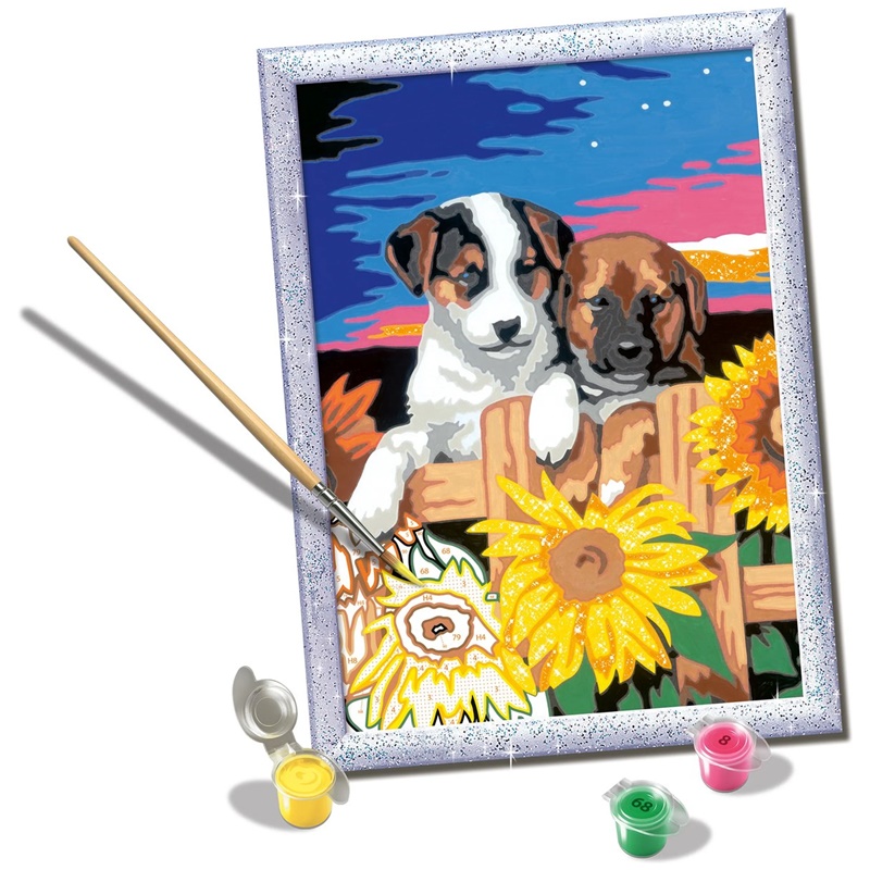 Pintar por números Cachorros con girasoles 2 Pintar por números Cachorros con girasoles