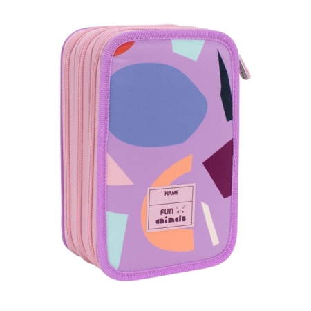 Plumier de 3 pisos con contenido Fun animals violeta