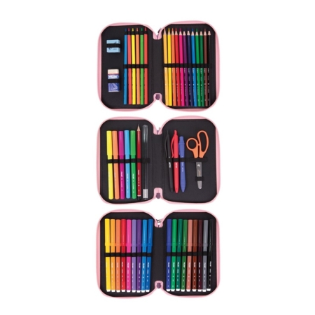 Plumier de 3 pisos con contenido Fun animals violeta