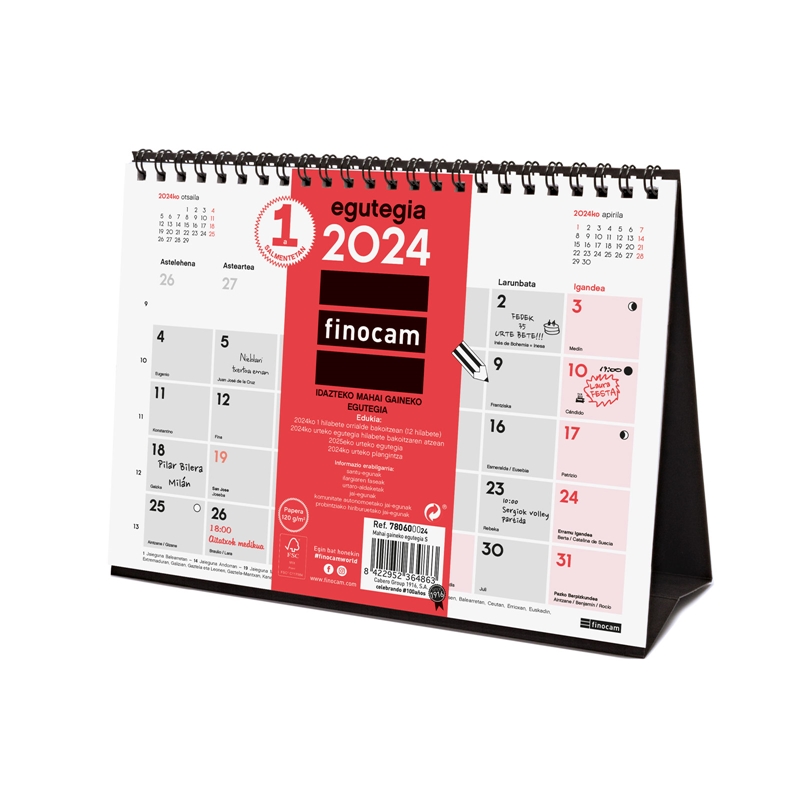 Calendario de sobremesa 2024 Finocam con espacio para escribir S euskera
