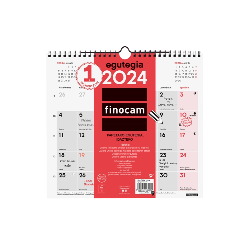 Calendario de pared 2024 Finocam con espacio para escribir M euskera