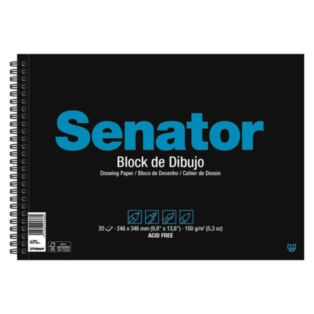 Bloc de dibujo de 20 hojas sin recuadro y con taladros Fº prolongado 150 g/m² Senator