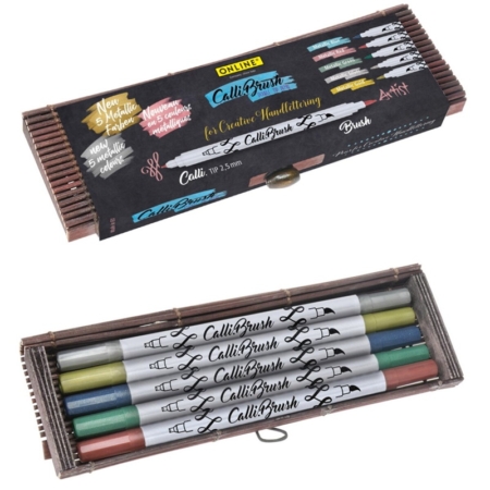 Estuche de bambú con 5 rotuladores de doble punta Calli.Brush metálicos