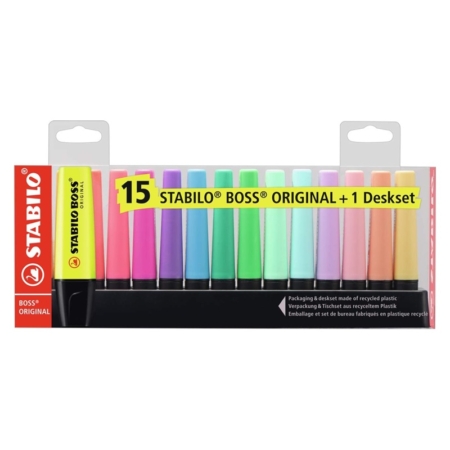 Deskset con 15 rotuladores fluorescentes Stabilo Boss