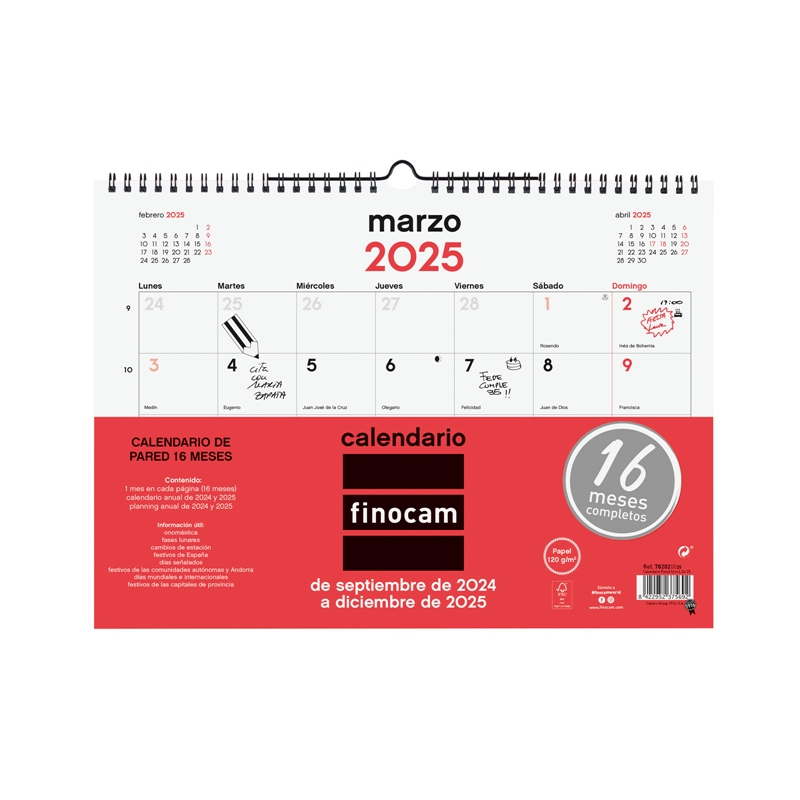 Calendario escolar de pared 2024-2025 Finocam 16 meses L-340x240 mm mes vista neutro