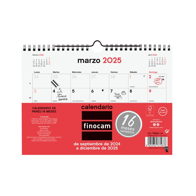 Calendario escolar de pared 2024-2025 Finocam 16 meses S-210x150 mm mes vista neutro