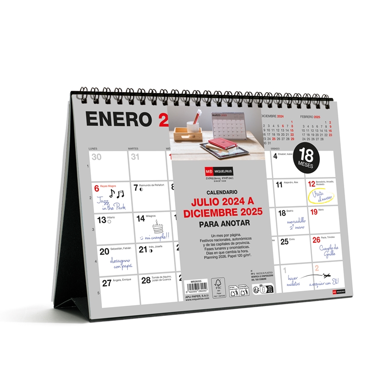 Calendario de sobremesa escolar 2024-2025 18 meses A5 para escribir Basic
