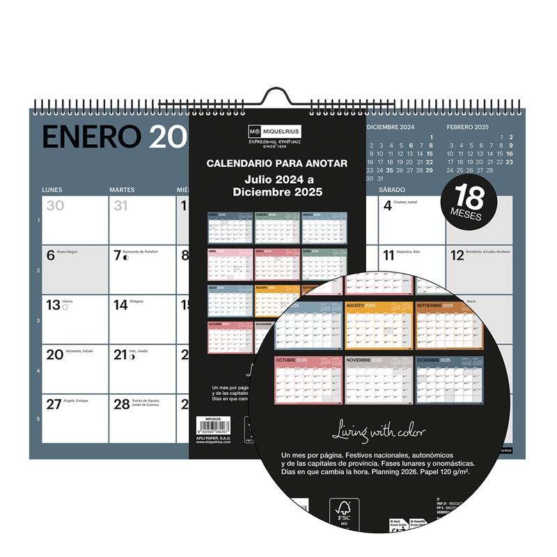 Calendario de pared escolar 2024-2025 18 meses A3 para escribir Chromat