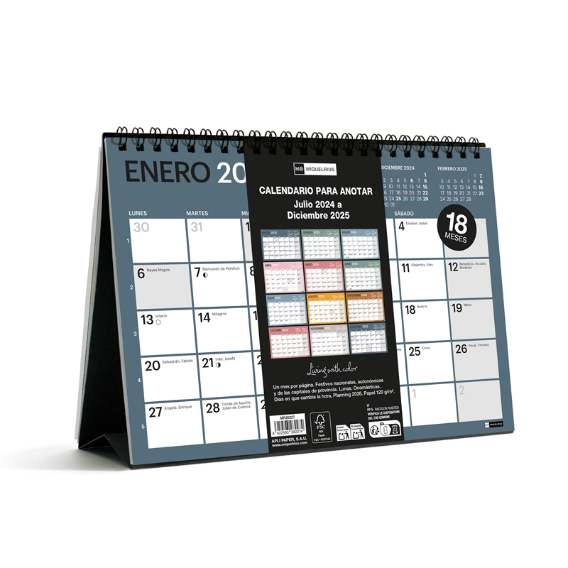 Calendario de sobremesa escolar 2024-2025 18 meses A5 para escribir Chromat