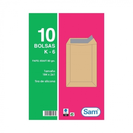 Pack de 10 bolsas kraft autoadhesivas con tira de silicona 184 x 261 mm Sam