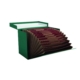 Caja de transferencia de cartón forrado en Geltex verde Fº con lomo de 110 mm y acordeón Mariola