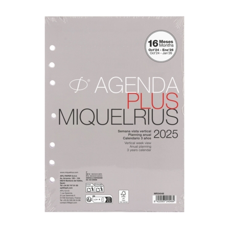 Recambio agenda 2025 Miquelrius anual integral Plus semana vista vertical