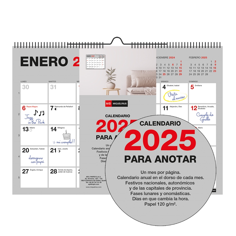 Calendario de pared 2025 Miquelrius 21 x 15 cm para escribir Basic
