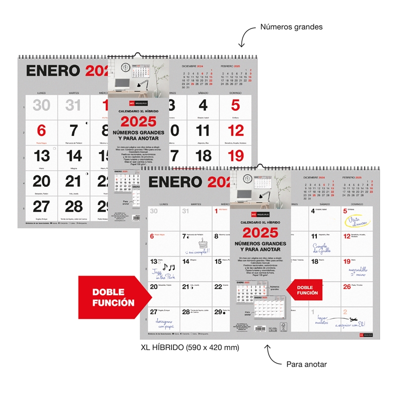 Calendario de pared 2025 Miquelrius XL números grandes y escribir Basic