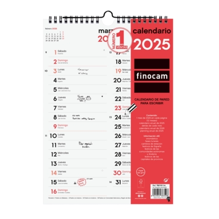 Calendario de pared 2025 Finocam escribir dos columnas M