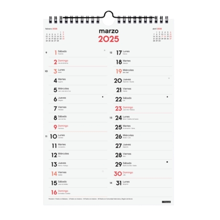 Calendario de pared 2025 Finocam escribir dos columnas M