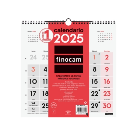 Calendario de pared 2025 Finocam números grandes 30 x 30 cm