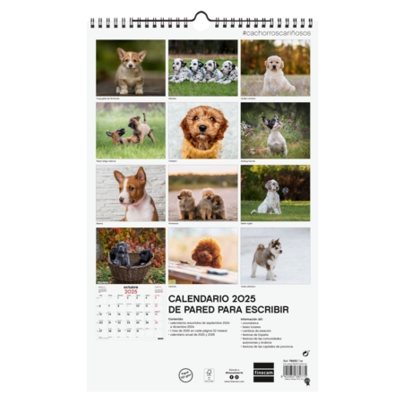 Calendario de pared 2025 Finocam espiral 25 x 40 cm cachorros