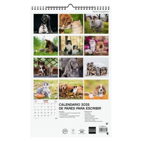 Calendario de pared 2025 Finocam espiral 25 x 40 cm perros y gatos