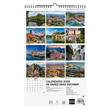 Calendario de pared 2025 Finocam espiral 25 x 40 cm pueblos con encanto
