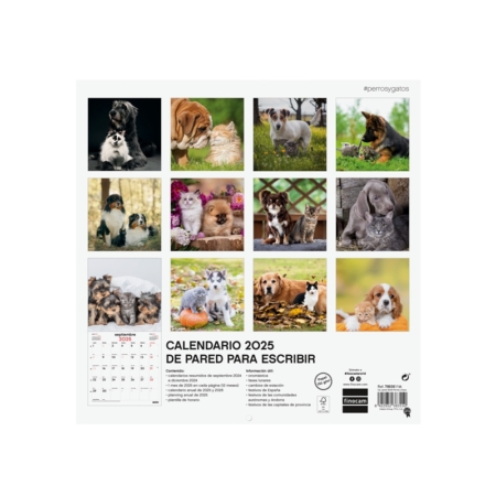 Calendario de pared 2025 Finocam 30 x 30 cm perros y gatos