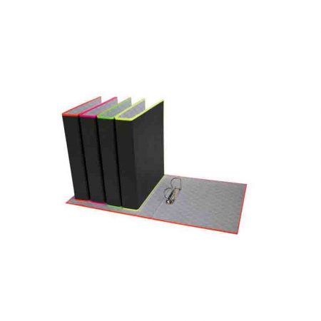 Carpeta de cartón negro con borde de neon de 4 anillas de 20 mm + bloc de 100 hojas + 5 separadores