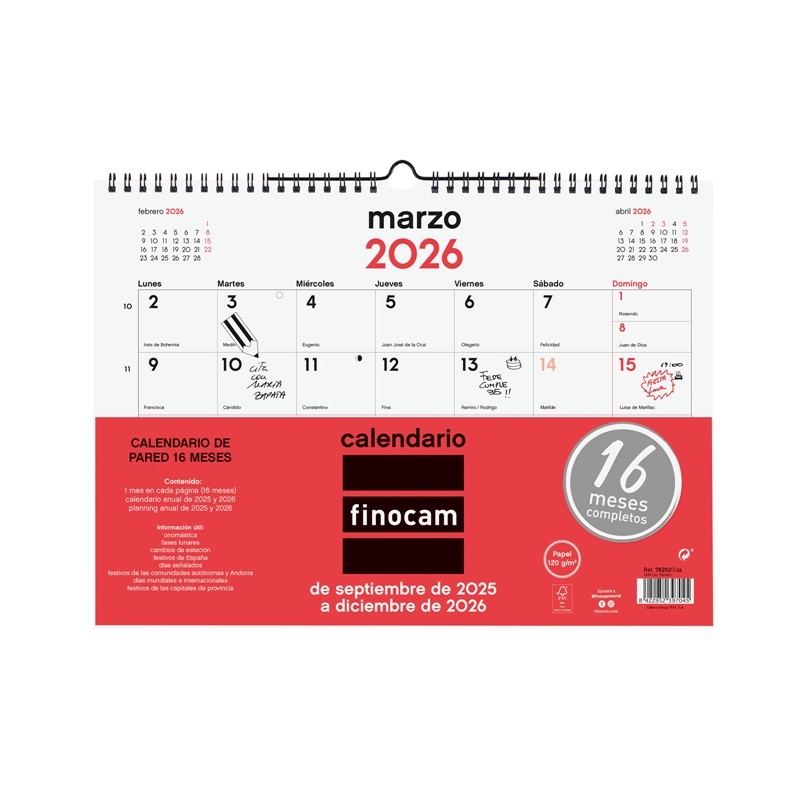 Calendario escolar de pared 2025-2026 Finocam 16 meses L