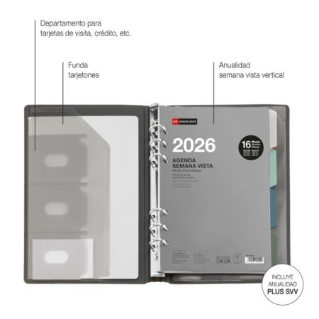 Agenda 2026 Miquelrius anillas Plus semana vista vertical negro