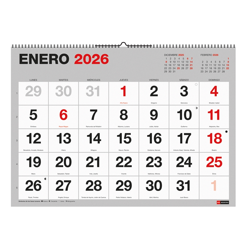 Calendario 2026 Miquelrius pared XL números grandes y para escribir Basic