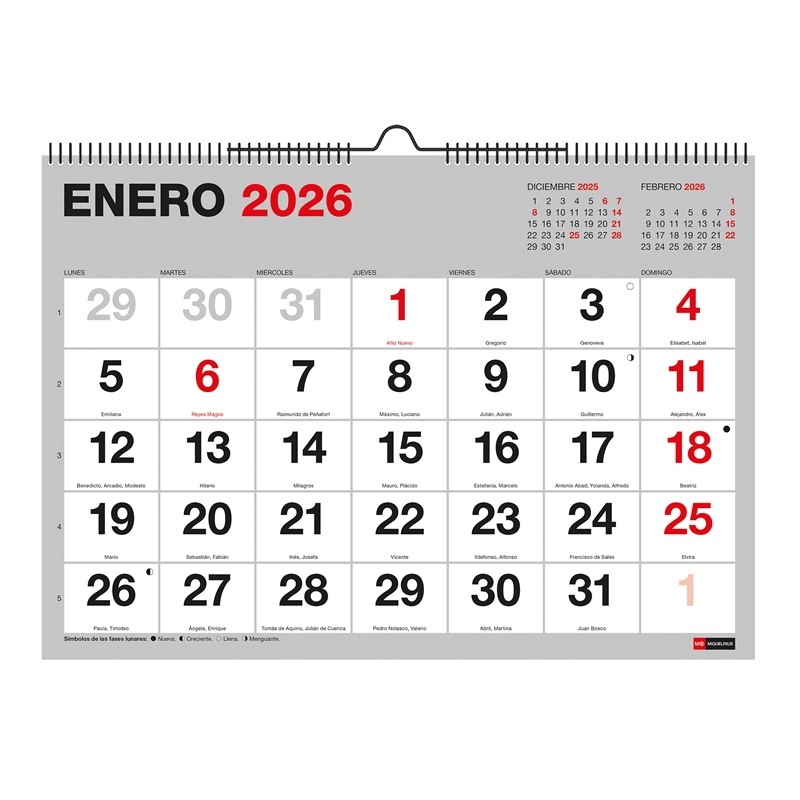 Calendario 2026 Miquelrius pared A4 números grandes Basic