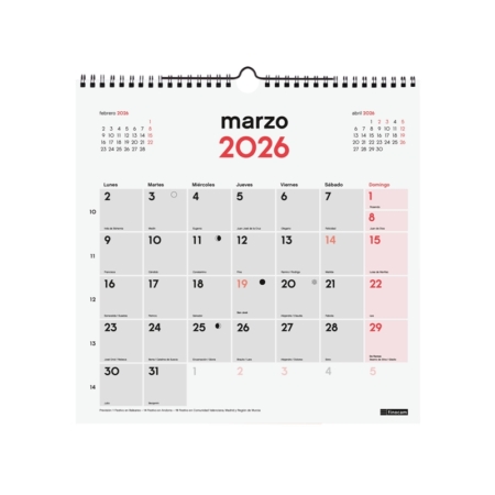 Calendario 2026 Finocam pared con espacio para escribir 30 x 30 cm