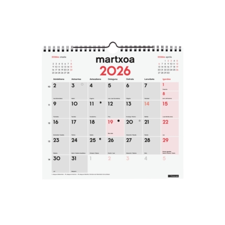 Calendario 2026 Finocam pared con espacio para escribir M euskera
