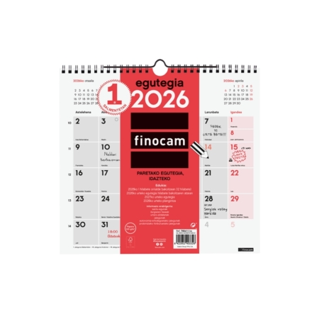 Calendario 2026 Finocam pared con espacio para escribir M euskera