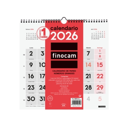 Calendario 2026 Finocam pared números grandes 30 x 30 cm