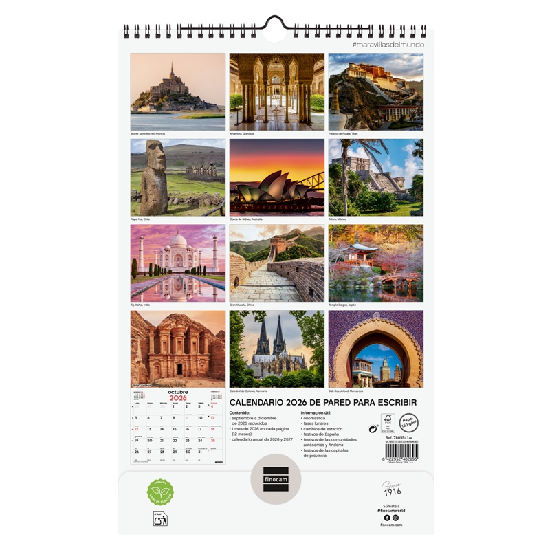 Calendario 2026 Finocam pared con espiral 25 x 40 cm maravillas del mundo 3 Calendario 2026 Finocam pared con espiral 25 x 40 cm maravillas del mundo