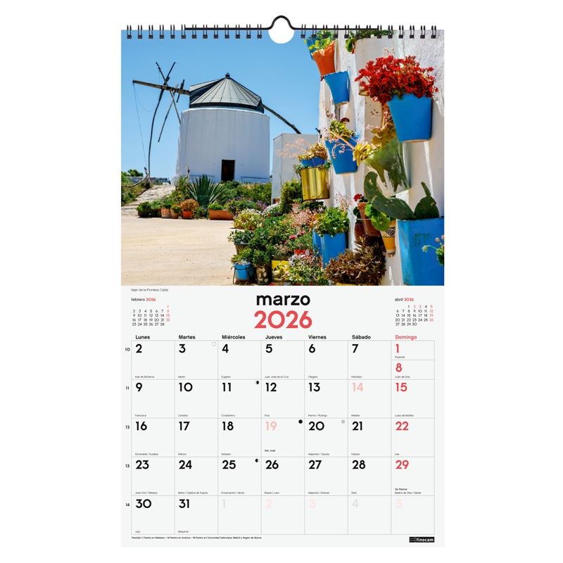Calendario 2026 Finocam pared con espiral 25 x 40 cm pueblos con encanto