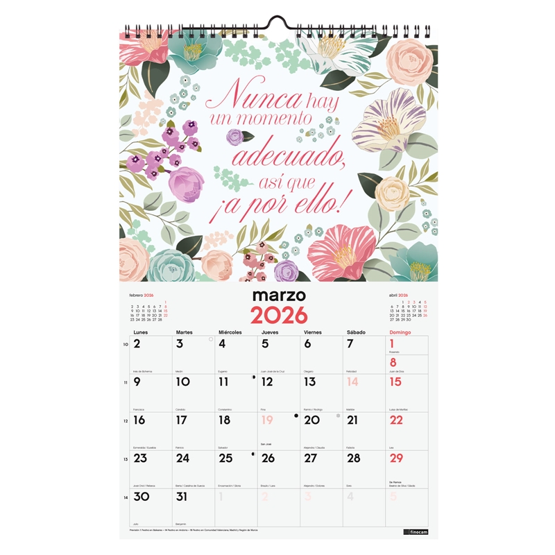 Calendario 2026 Finocam pared con espiral 25 x 40 cm frases motivadoras