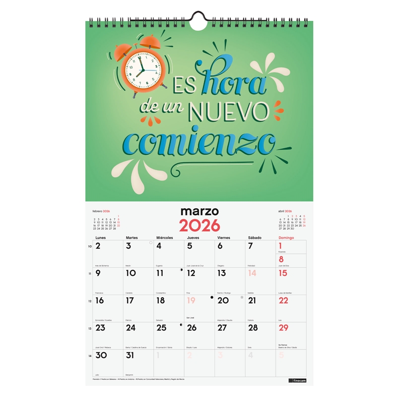 Calendario 2026 Finocam pared con espiral 25 x 40 cm frases inspiradoras